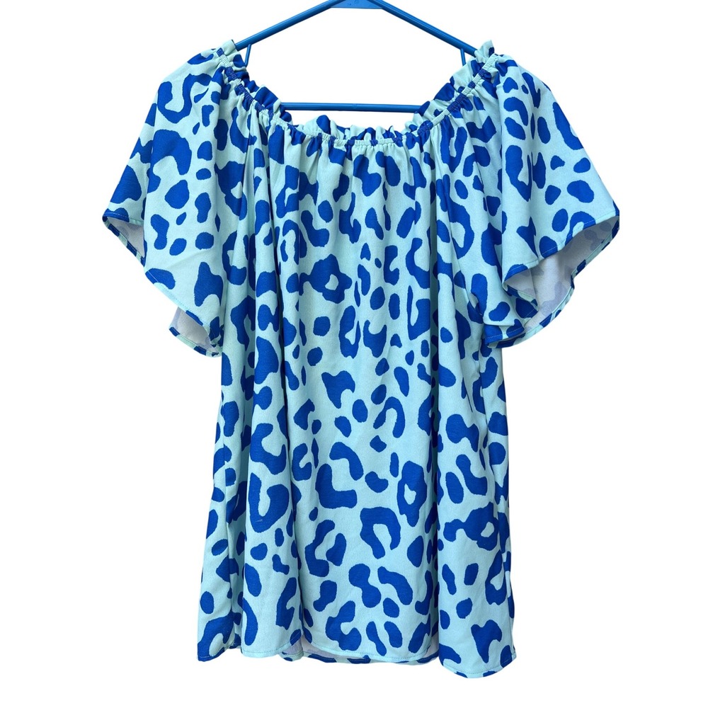 Cotton Bleu Womens Blue Leopard Print Off Shoulder Blouse Flutter Sleeve Large - Picture 2 of 4